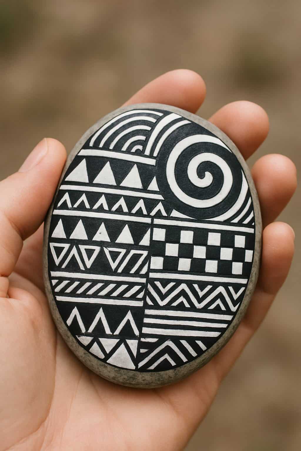 A hand holding a smooth painted rock with black and white geometric patterns.