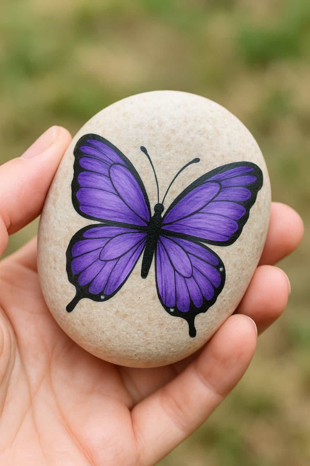 A hand holding a smooth river rock painted with a purple butterfly design.