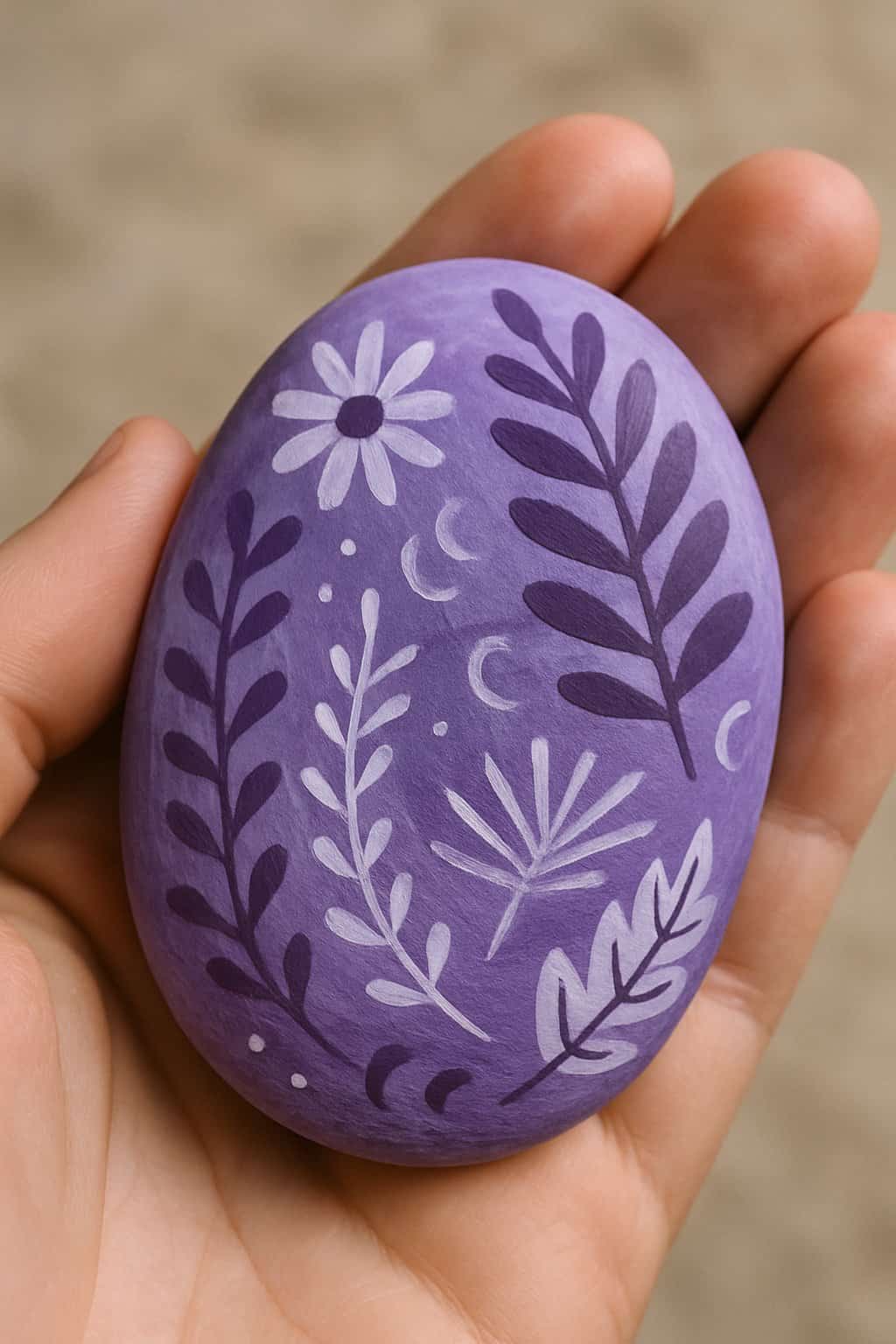 A hand holding a smooth purple painted rock with artistic designs.