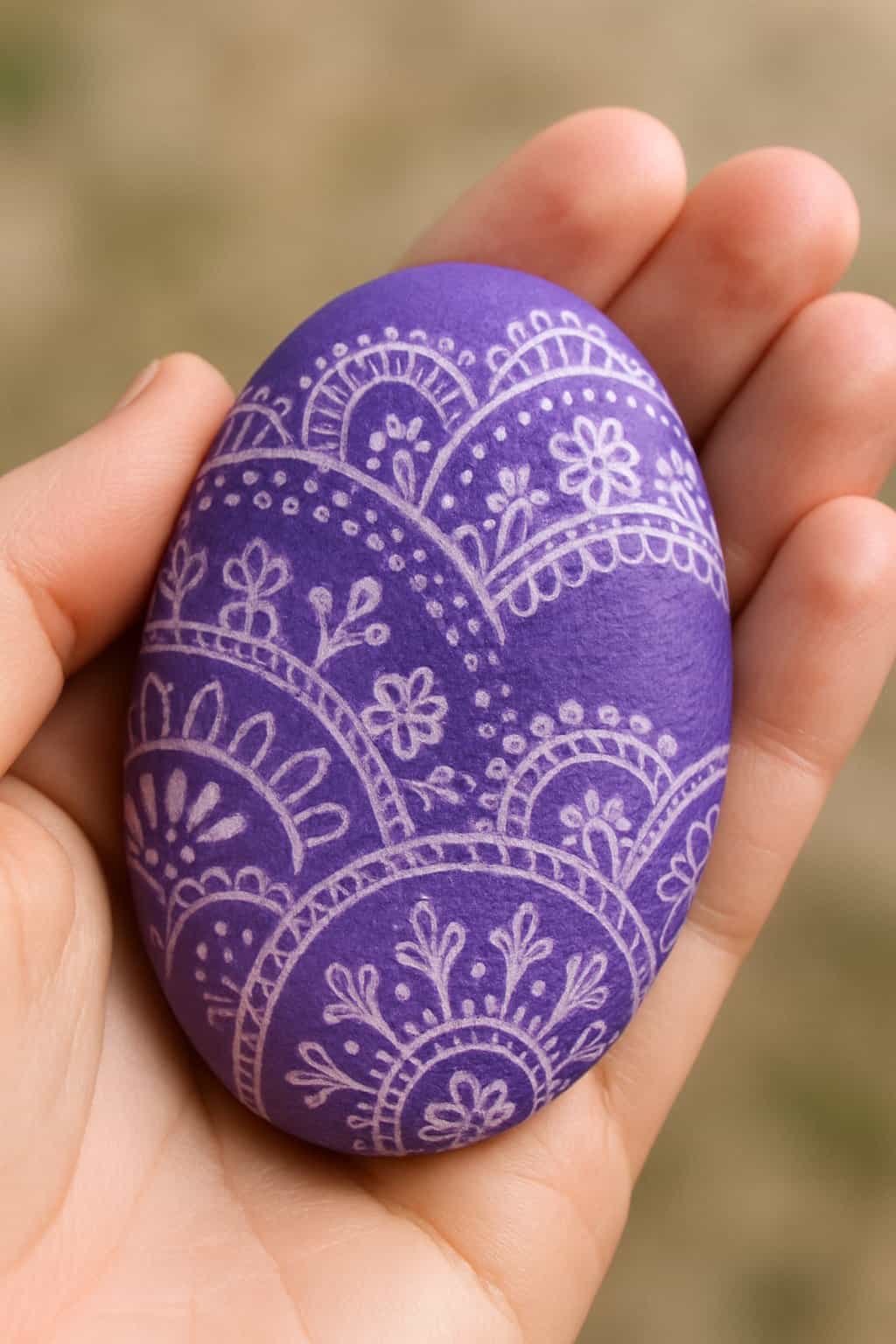 A hand holding a smooth purple rock decorated with detailed lace patterns.