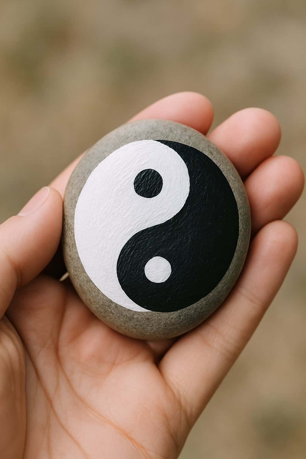 A hand holding a smooth river rock painted with a black and white yin and yang symbol.