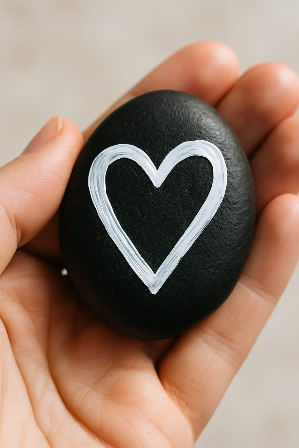 A hand holding a smooth black rock with a white heart outline painted on it.
