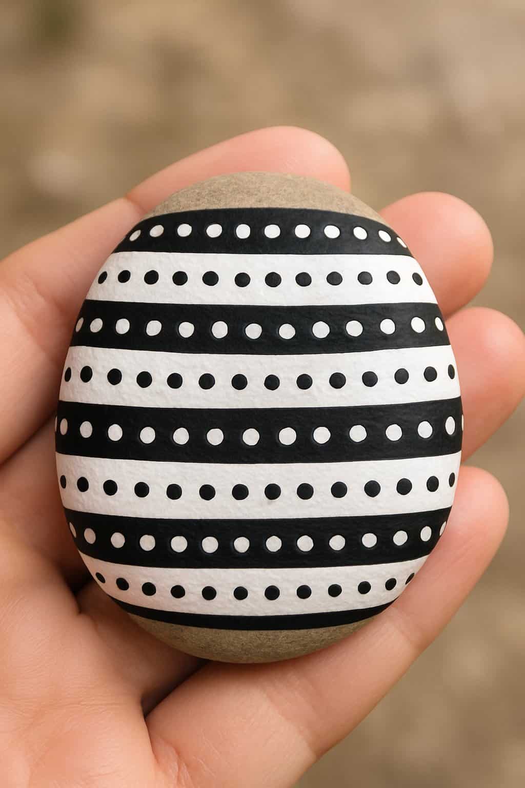 A hand holding a smooth river rock painted with horizontal black and white dotted stripes.