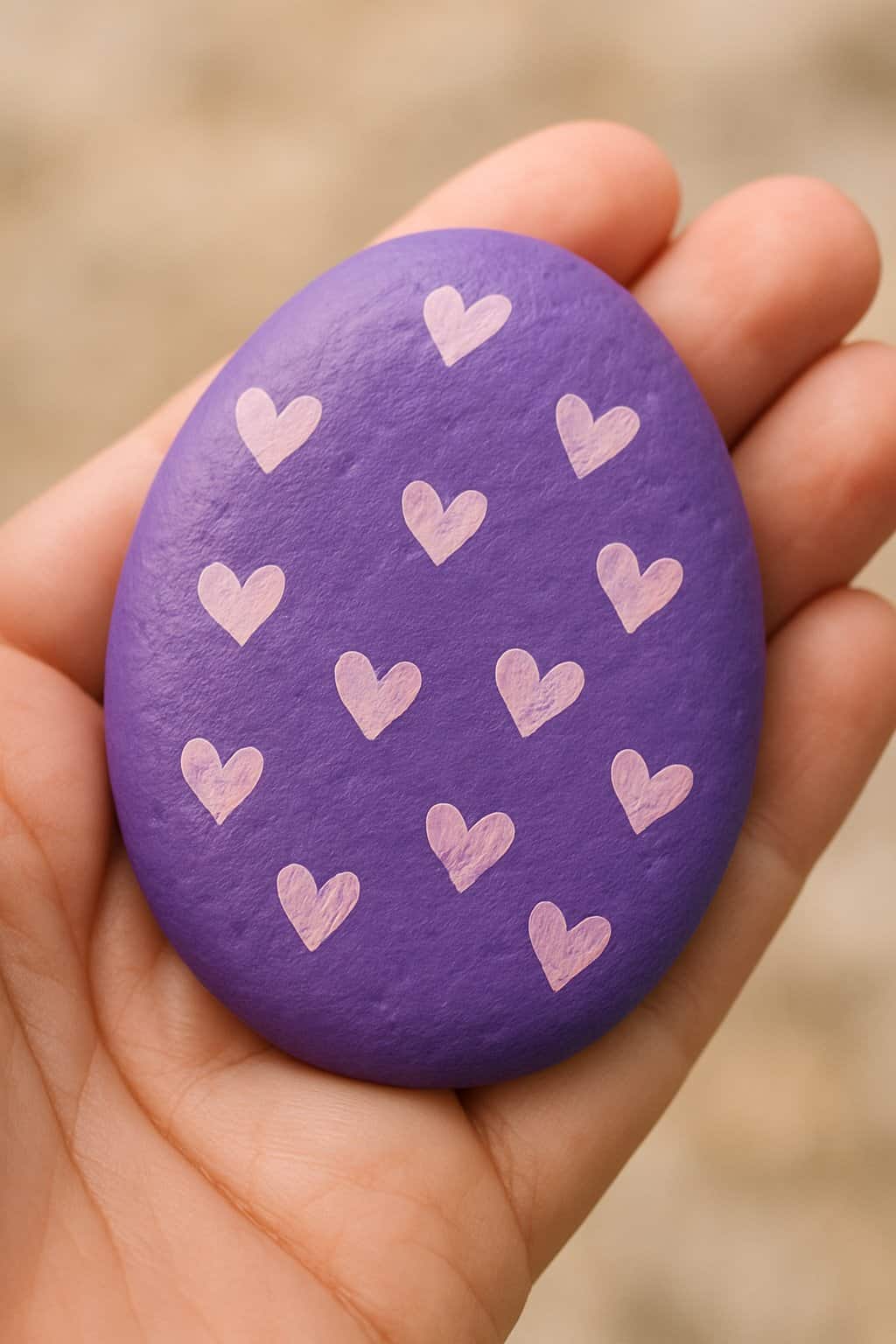 A hand holding a smooth purple rock decorated with small heart shapes.