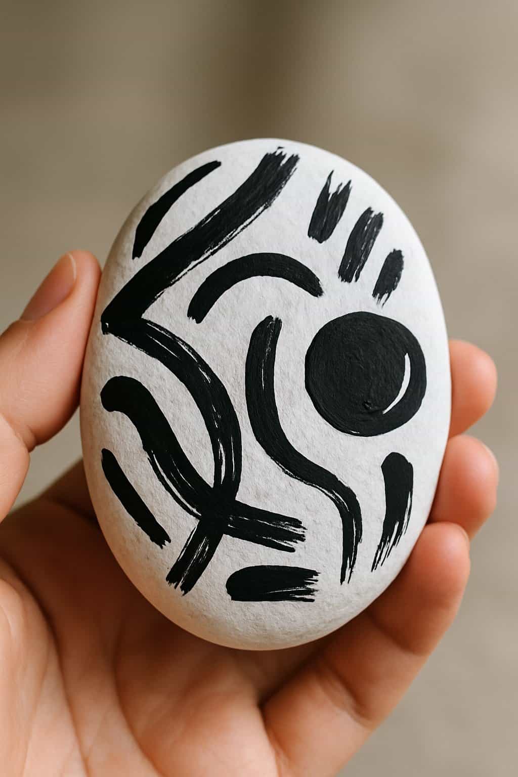 A hand holding a smooth painted river rock with black brush strokes on a white surface.