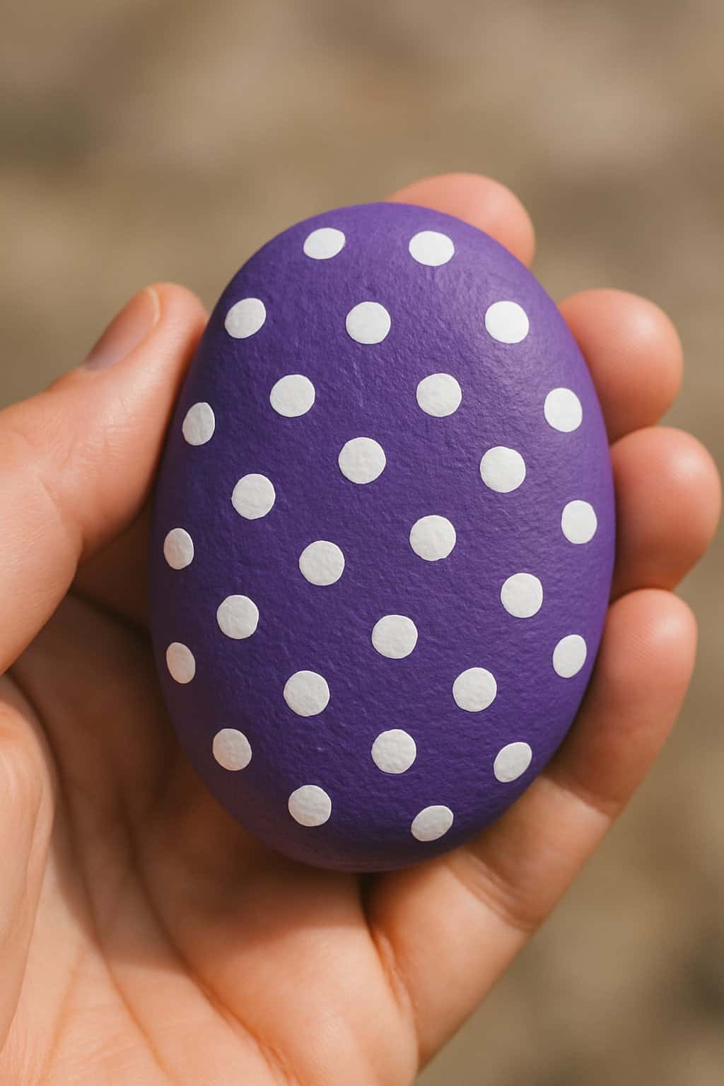 A hand holding a smooth purple rock with white polka dots.