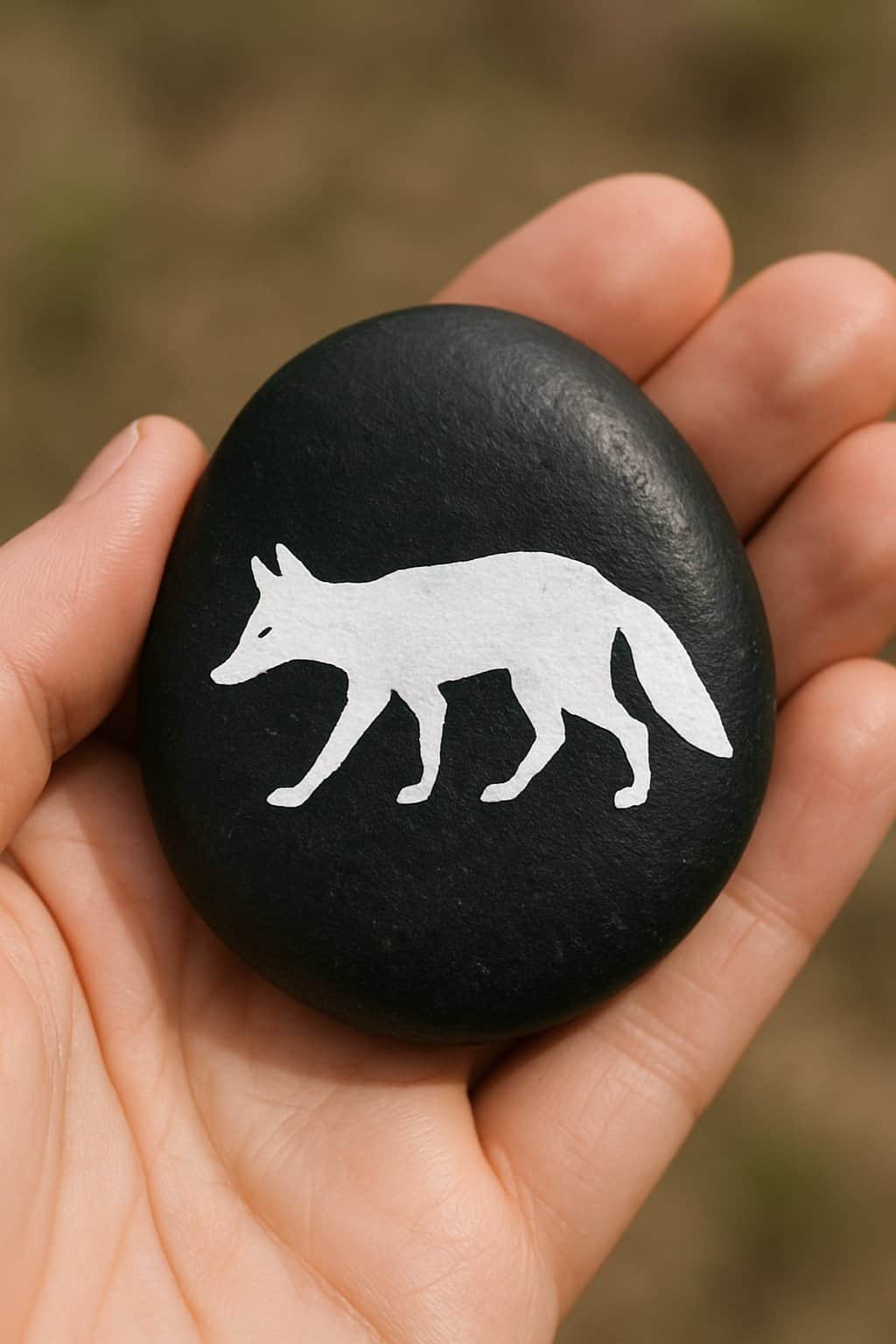 A hand holding a smooth black rock with a white animal silhouette painted on it.