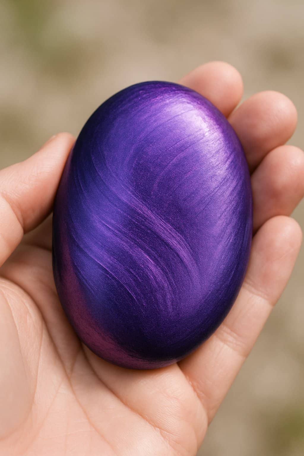 A hand holding a smooth river rock painted with metallic purple paint.