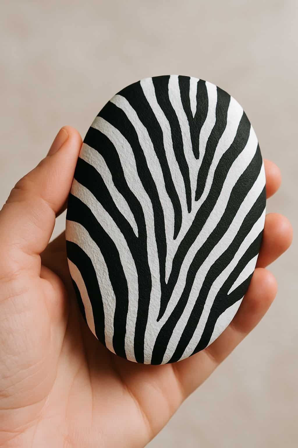 A hand holding a smooth river rock painted with black and white zebra stripes.