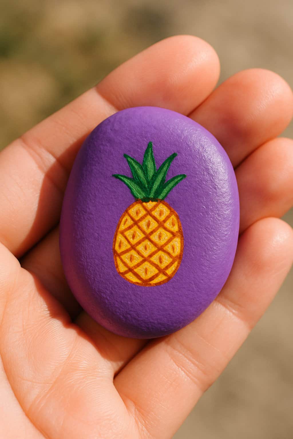 A hand holding a smooth purple rock painted with a small pineapple design.