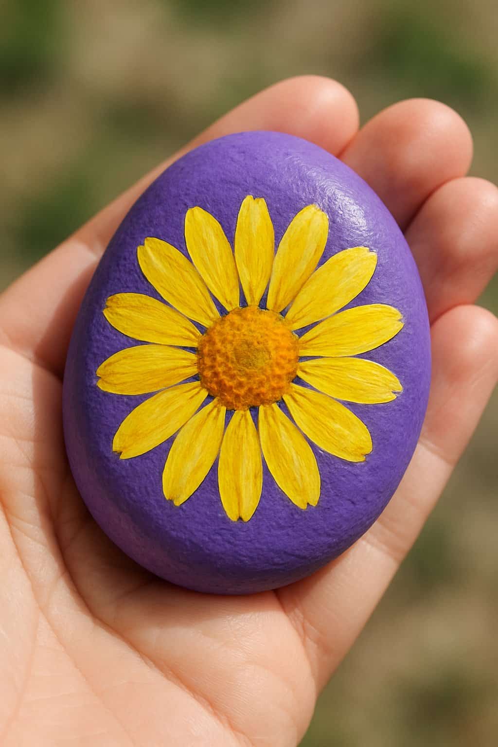 A hand holding a smooth purple rock painted with a bright yellow daisy.
