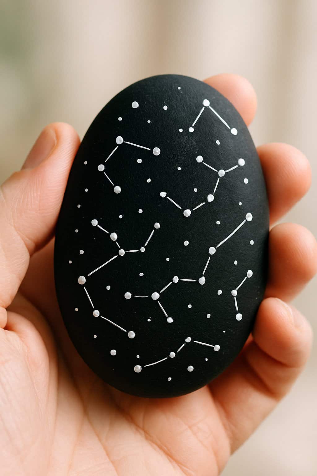 A hand holding a smooth black rock painted with white constellation dots.