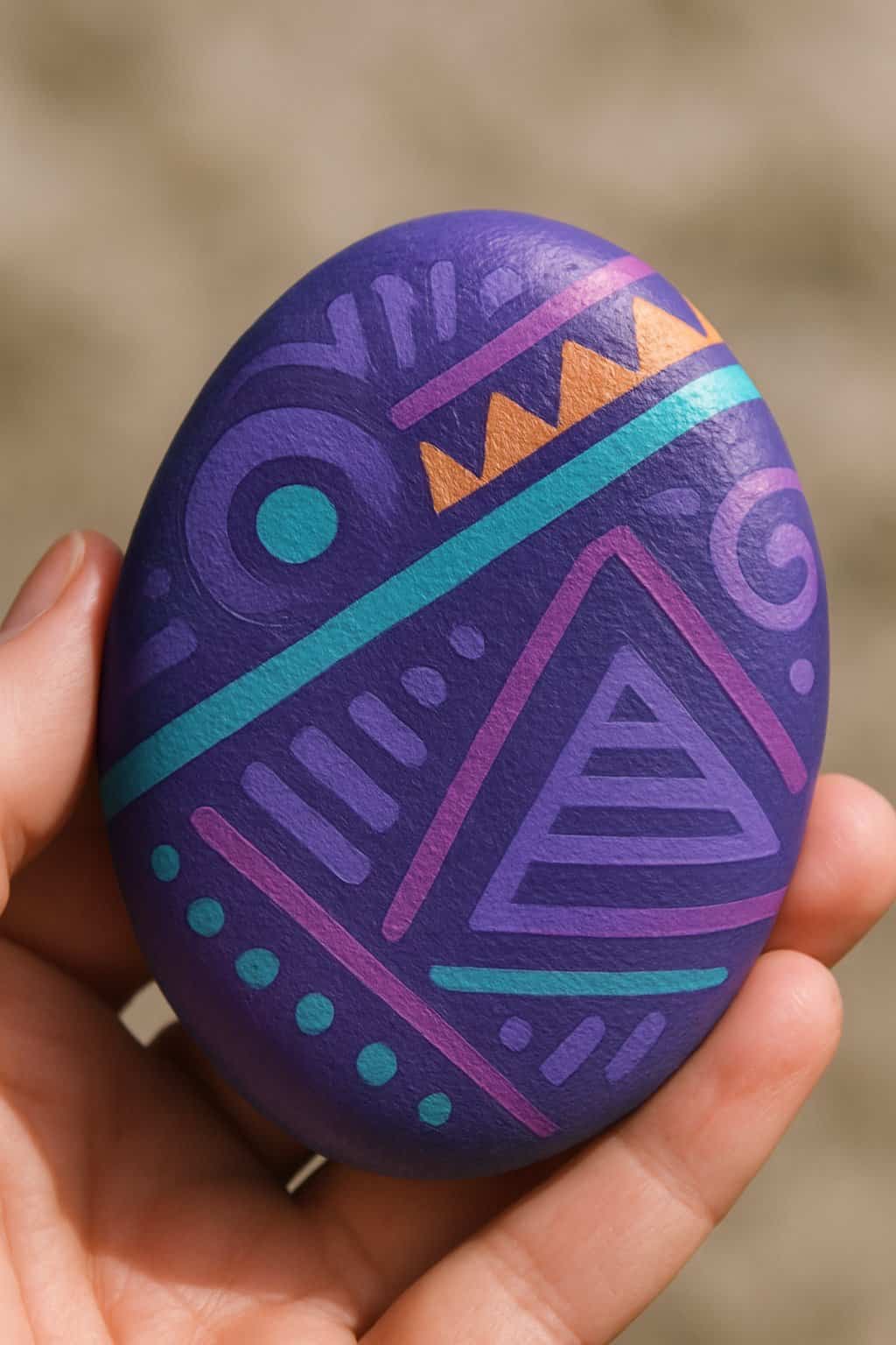 A hand holding a smooth purple river rock with geometric painted patterns.