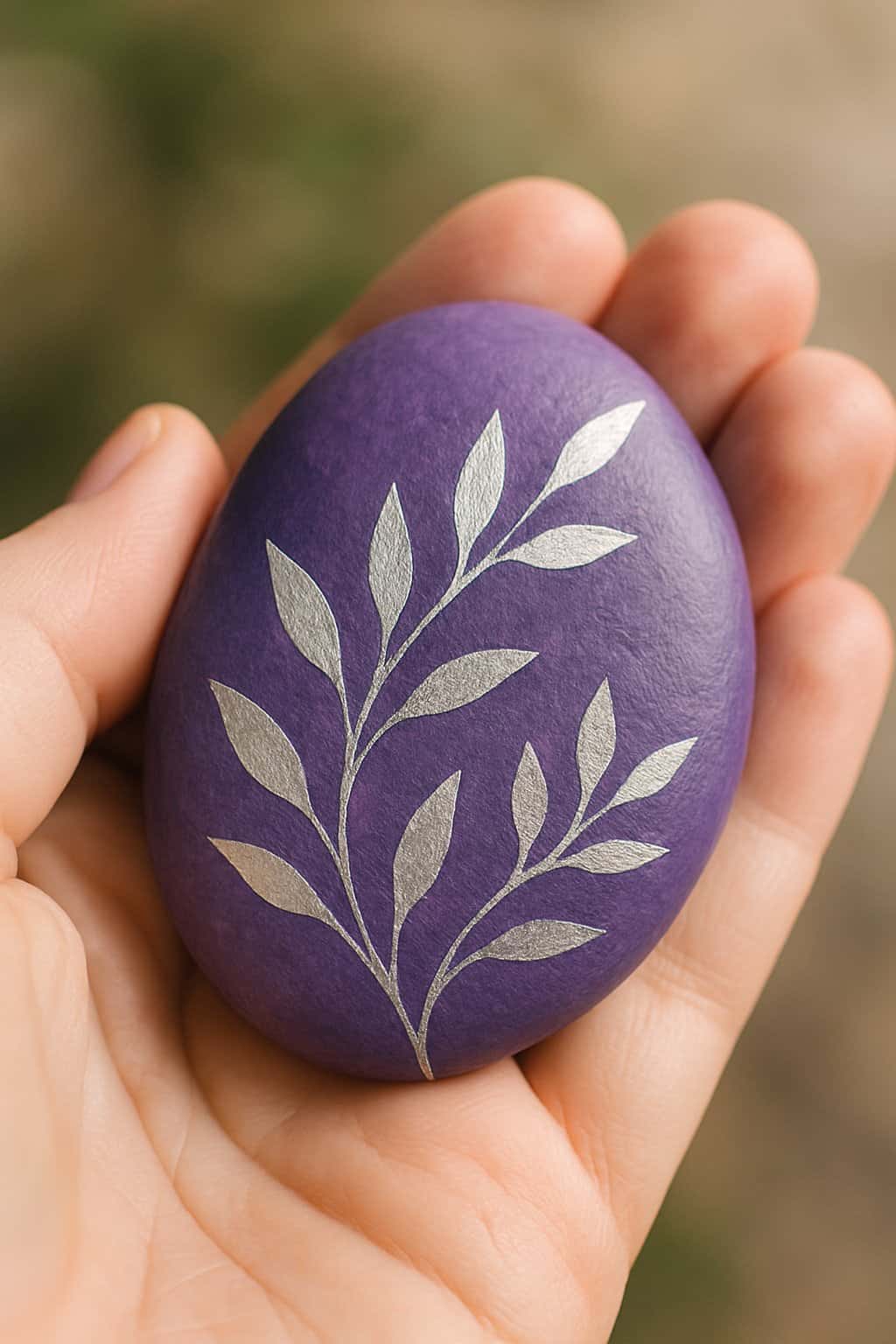 A hand holding a smooth purple painted rock with silver leaf accents.