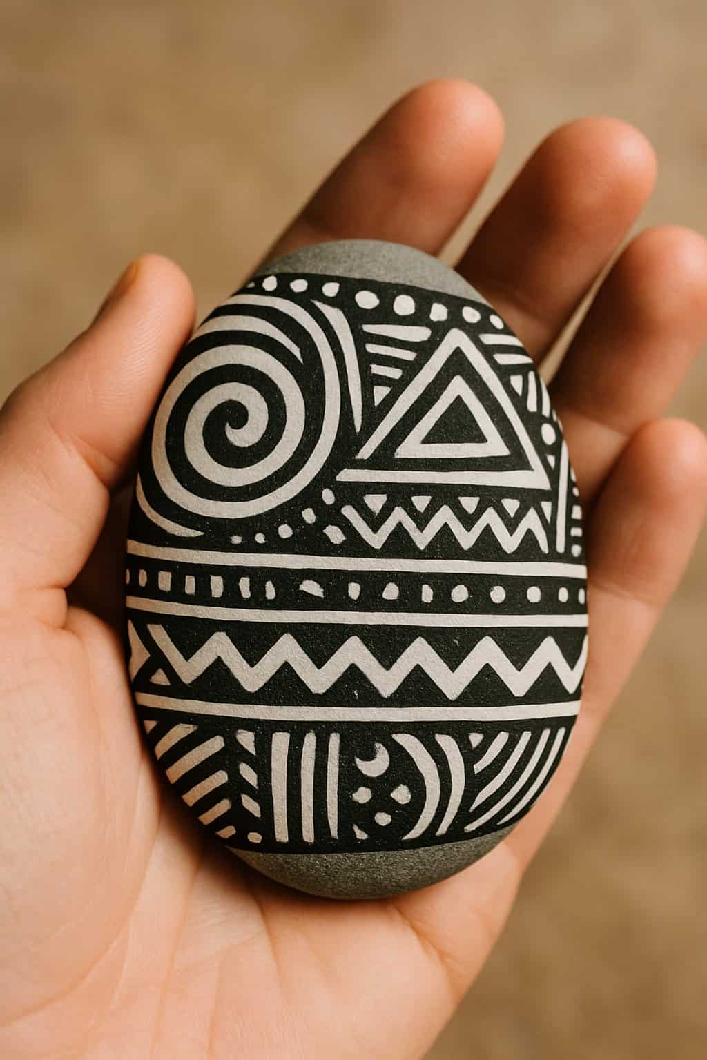A hand holding a smooth painted river rock with black and white tribal patterns.