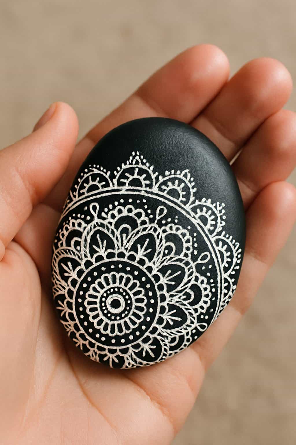 A hand holding a smooth black river rock painted with white lace-like patterns.