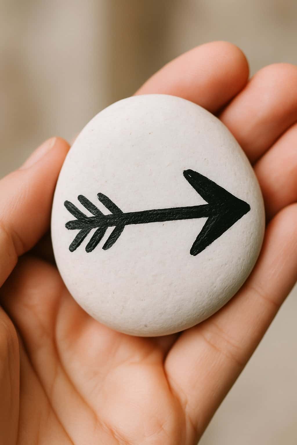 A hand holding a smooth white river rock painted with a black arrow design.