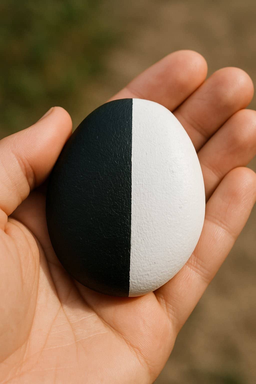 A hand holding a smooth river rock painted half black and half white.