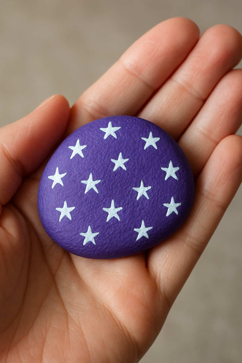 A hand holding a small purple rock painted with white stars.