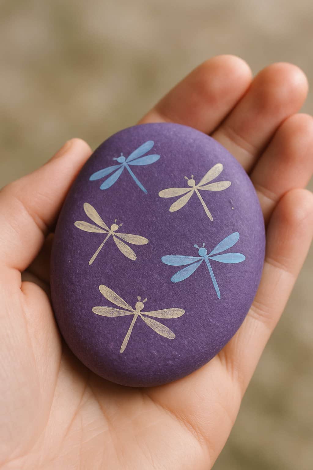 A hand holding a smooth purple painted rock with small dragonfly designs.