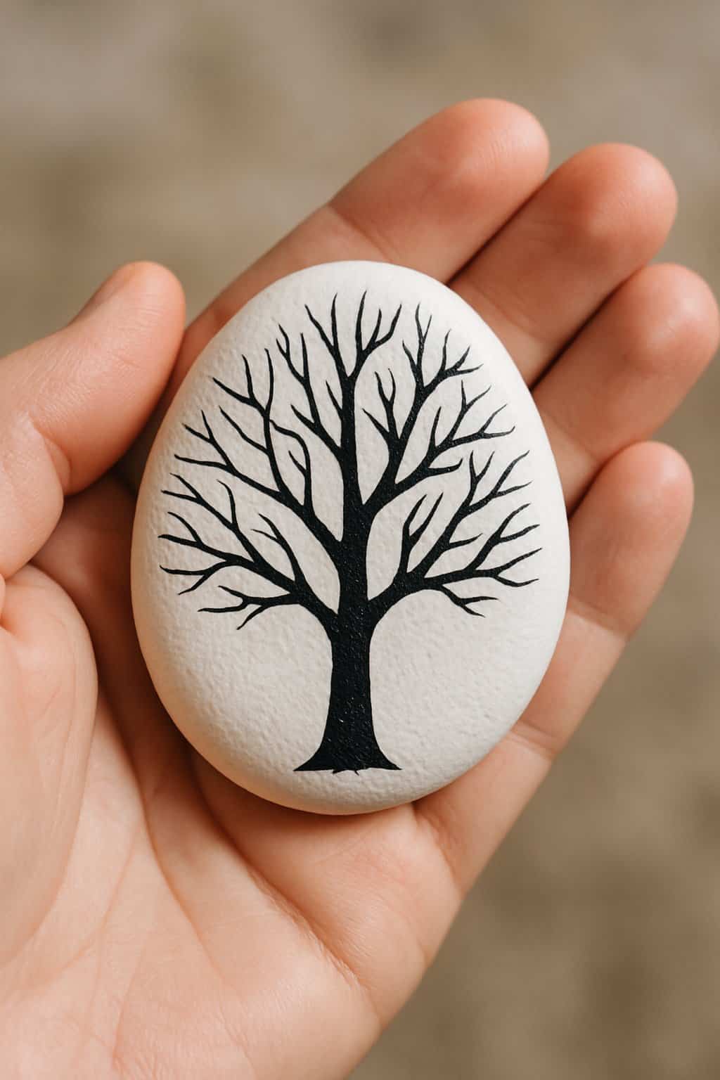 A hand holding a smooth white rock painted with a black tree silhouette.
