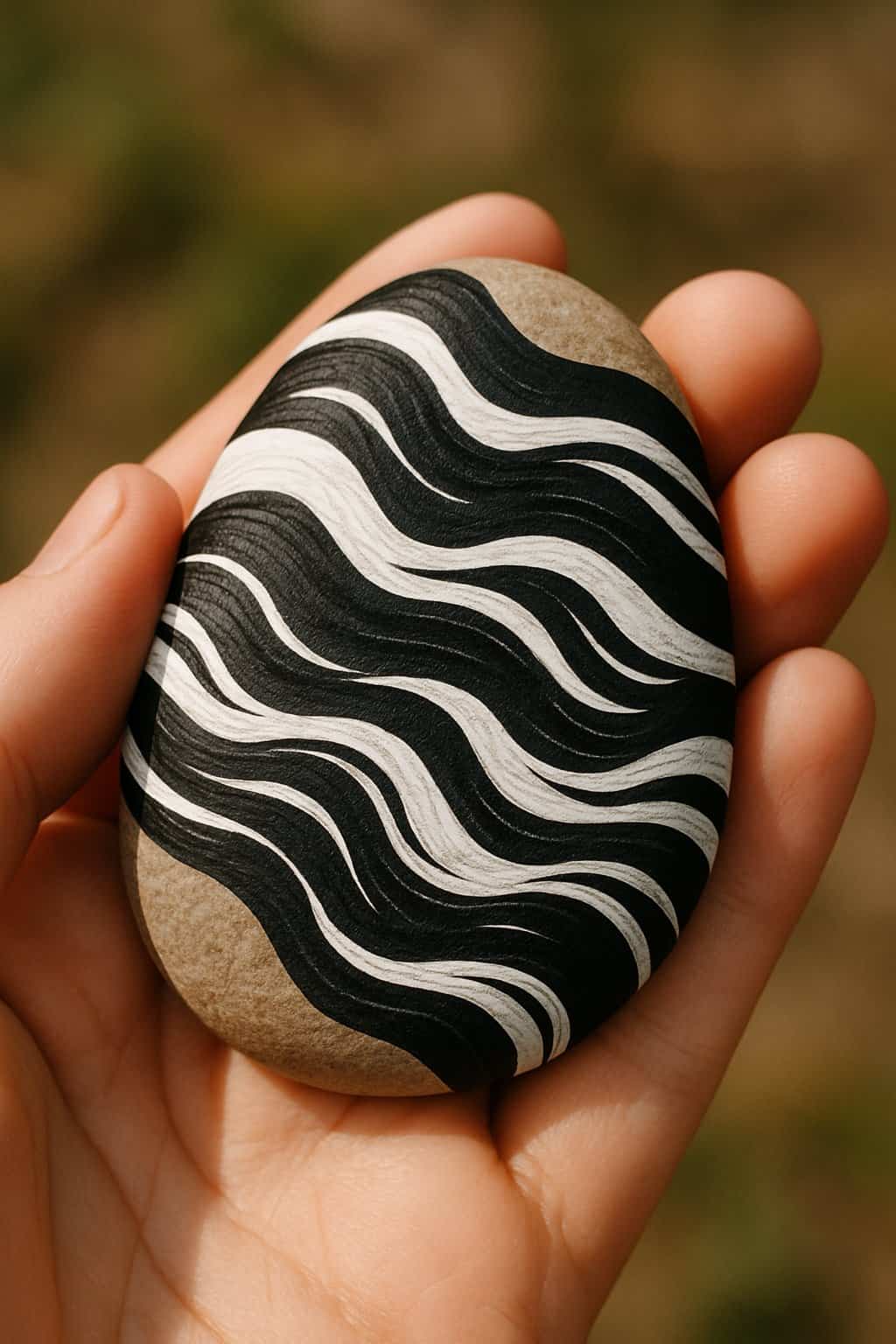 A hand holding a smooth painted rock with black and white wave patterns.