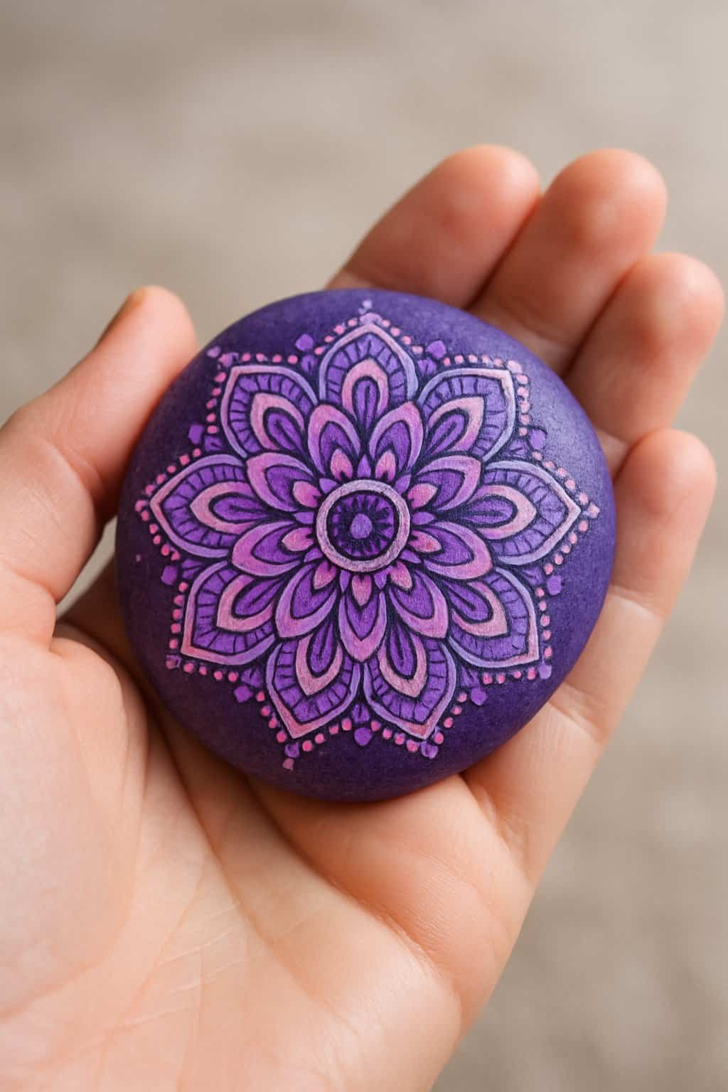 A hand holding a smooth river rock painted with a purple and pink mandala design.
