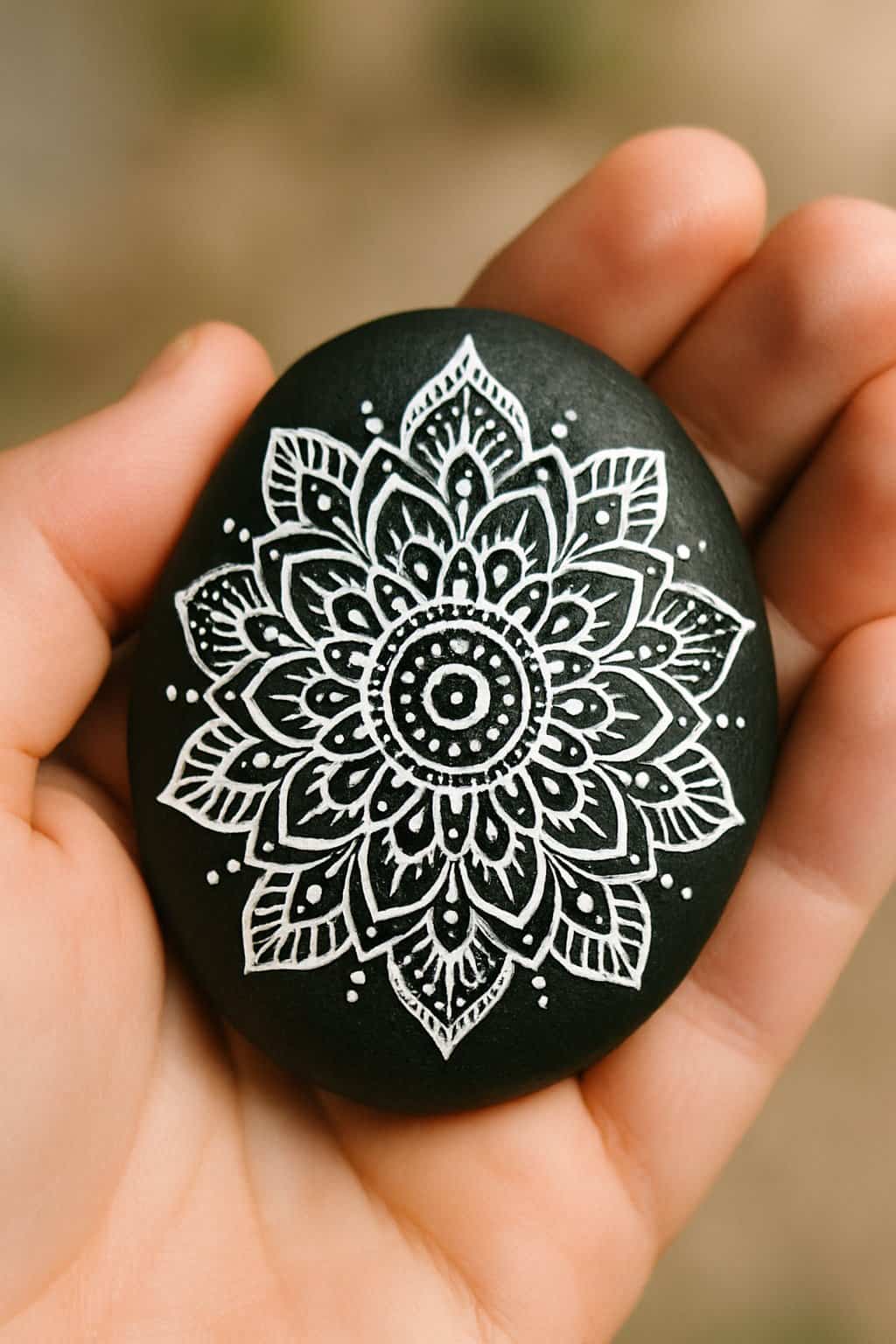 A hand holding a smooth black rock painted with white mandala patterns.