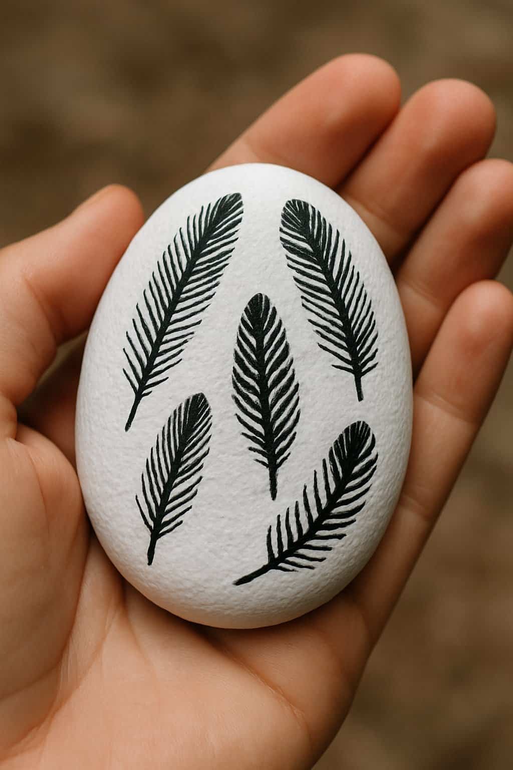 A hand holding a smooth river rock painted white with black feather designs.