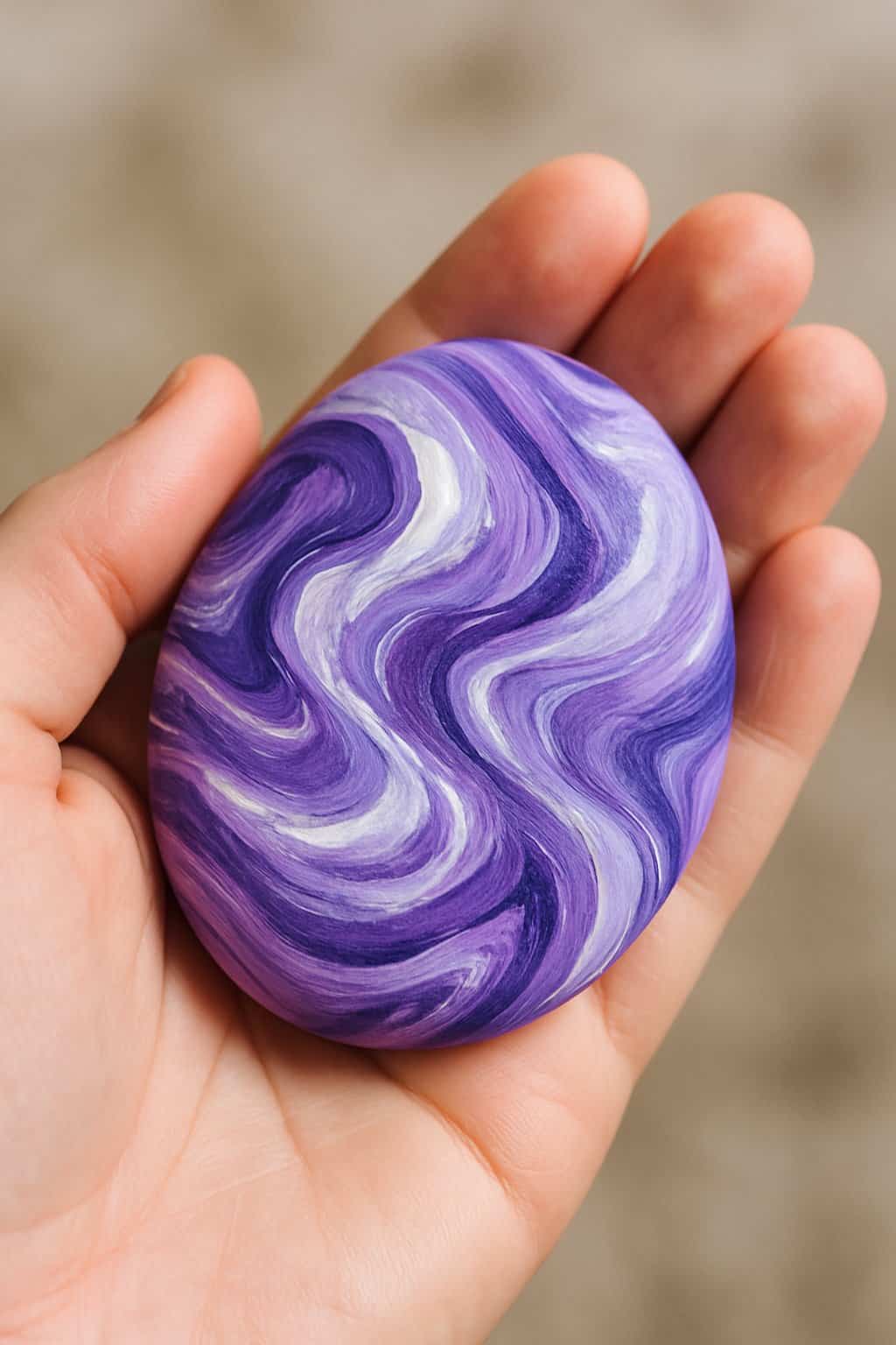 A hand holding a smooth river rock painted with purple and white marble patterns.
