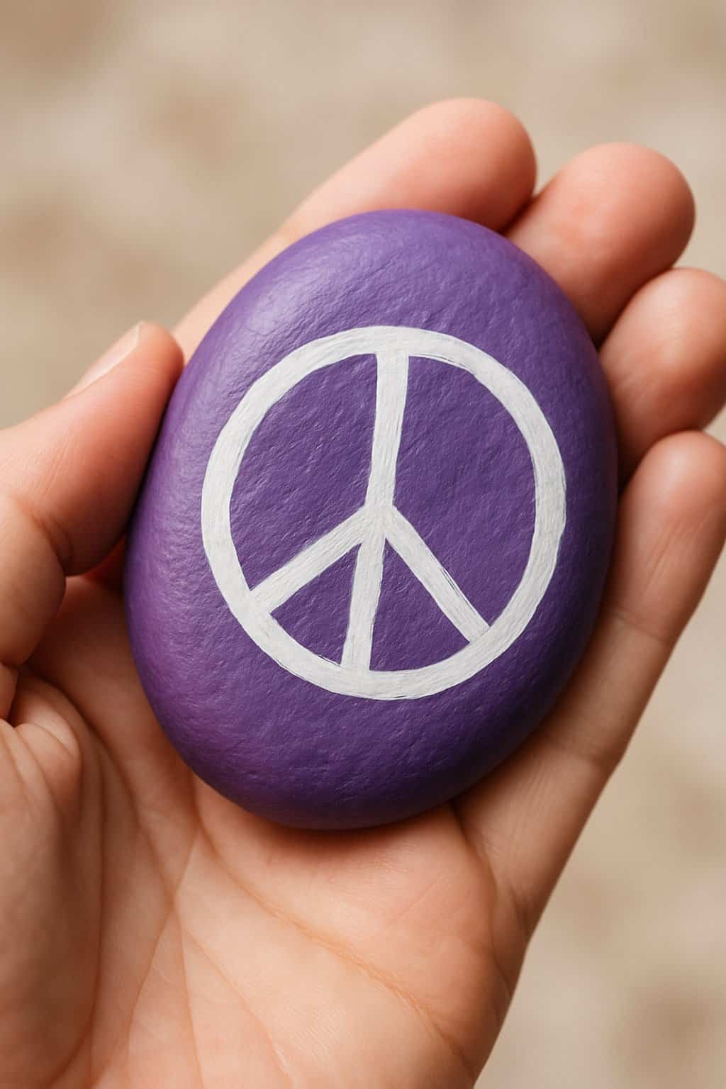 A hand holding a smooth purple river rock painted with a white peace sign.