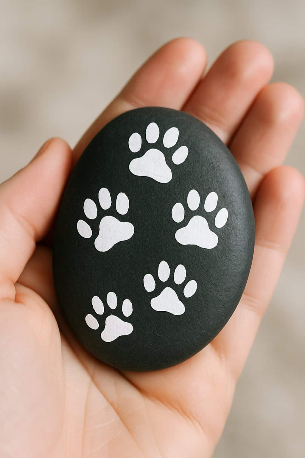 A hand holding a smooth black rock painted with white animal paw prints.