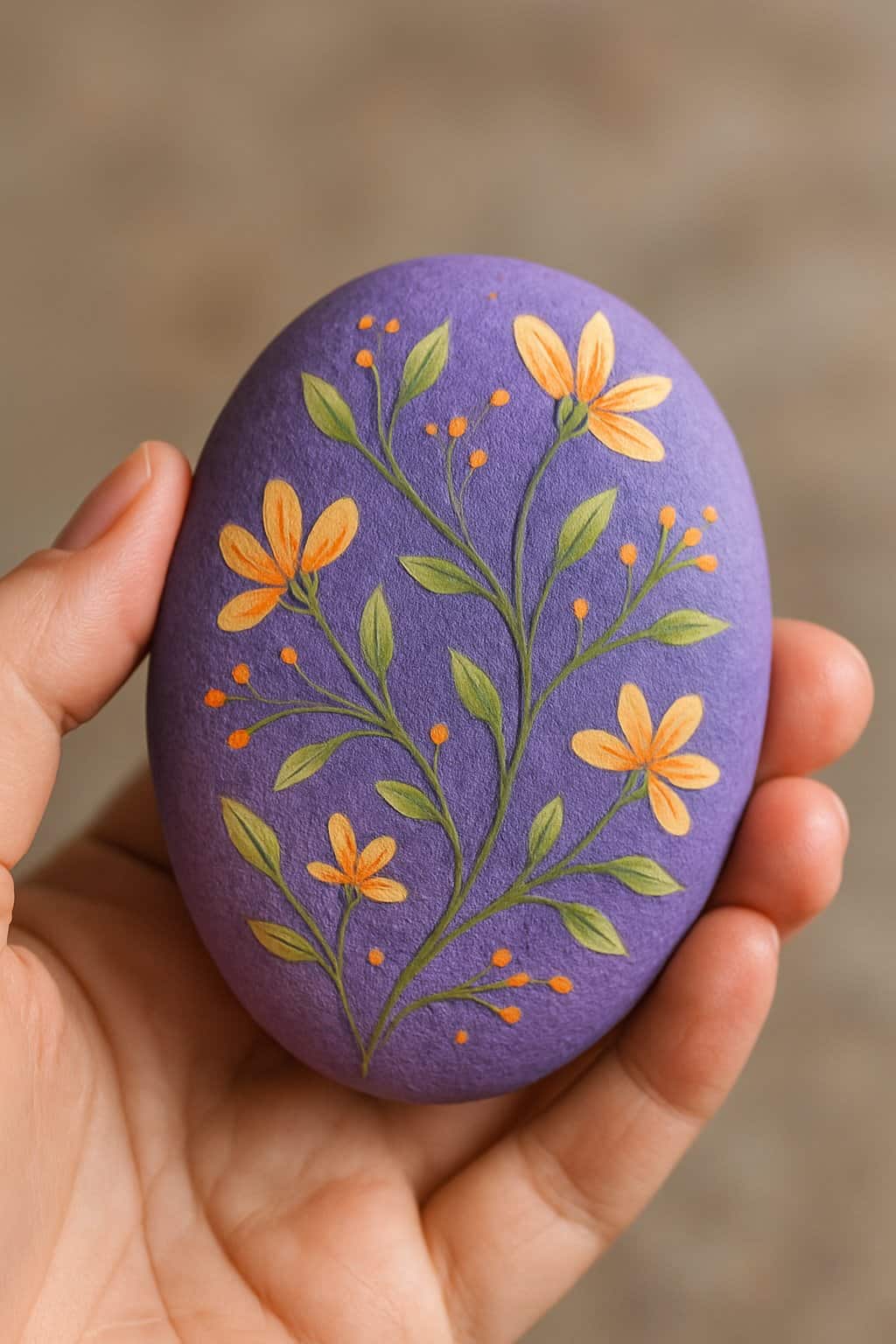 A hand holding a smooth purple rock decorated with floral vine patterns.