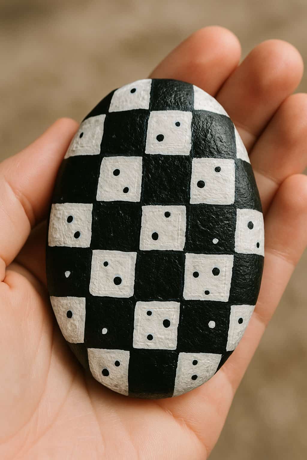 A hand holding a smooth river rock painted with black and white checkerboard and dot patterns.