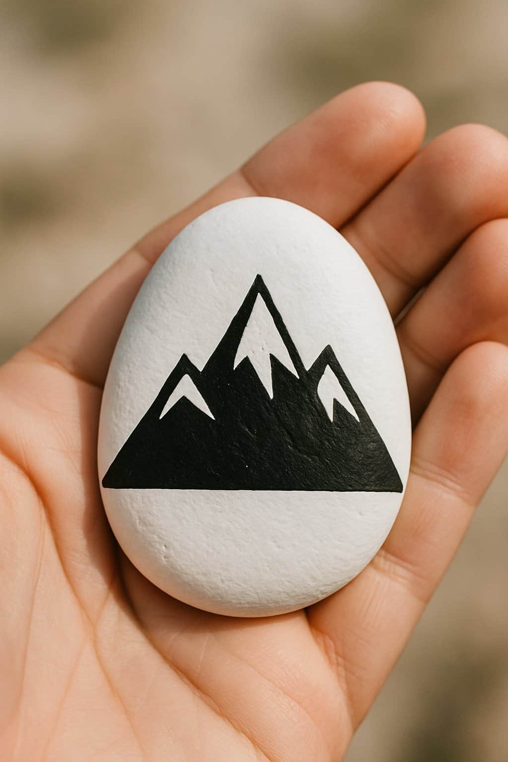 A hand holding a smooth white rock painted with a black mountain design.