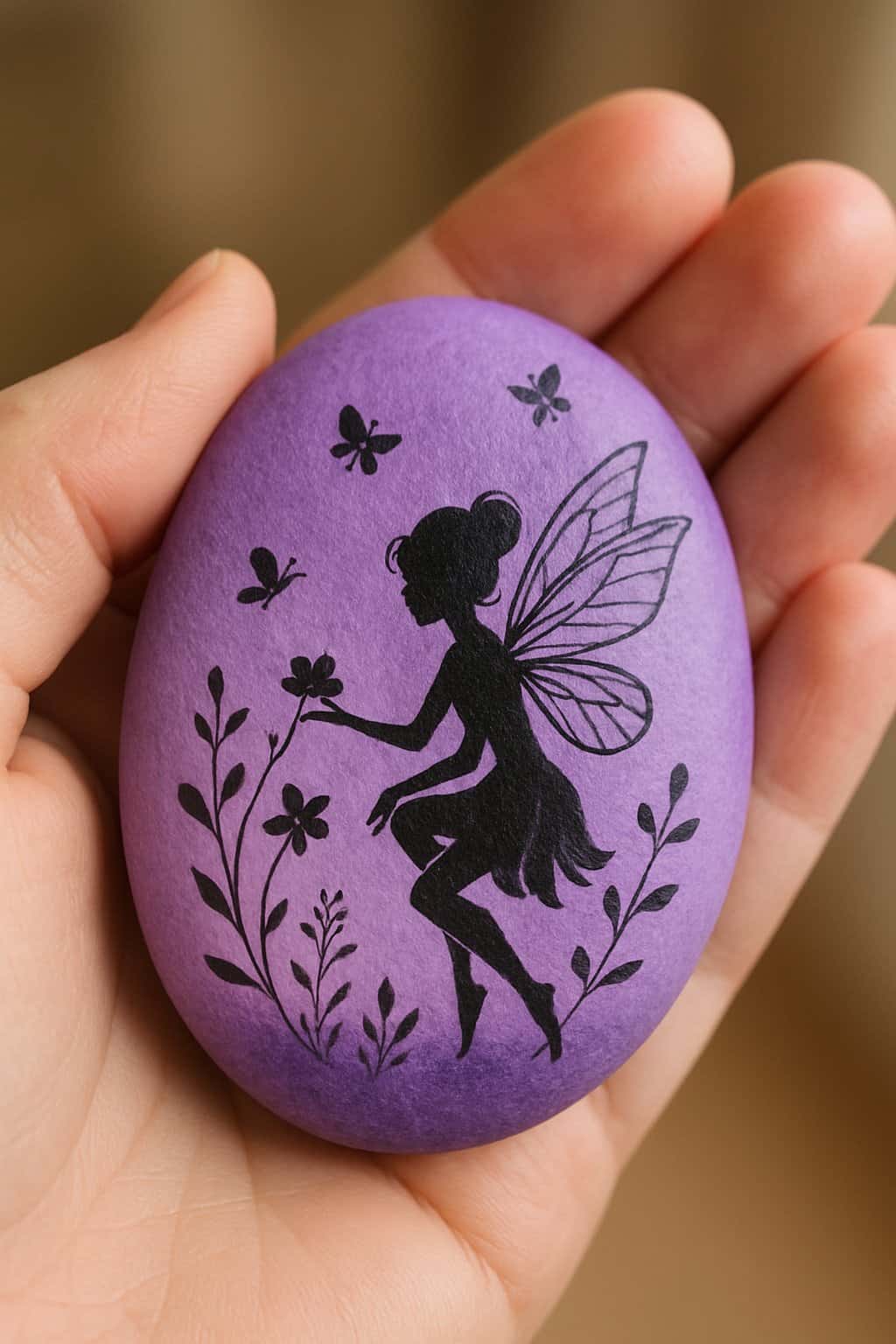 A hand holding a smooth purple painted rock with delicate fairy designs.