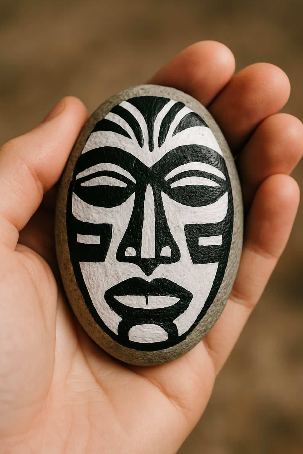A hand holding a smooth river rock painted with a black and white tribal mask design.