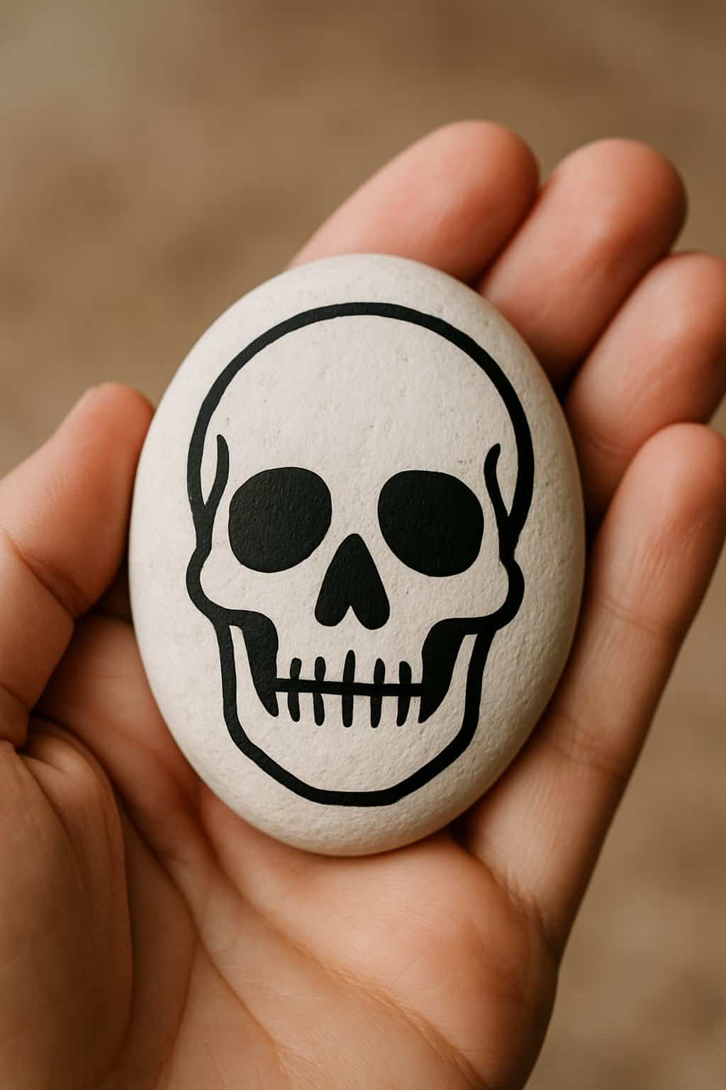 A hand holding a smooth white river rock painted with a black skull design.
