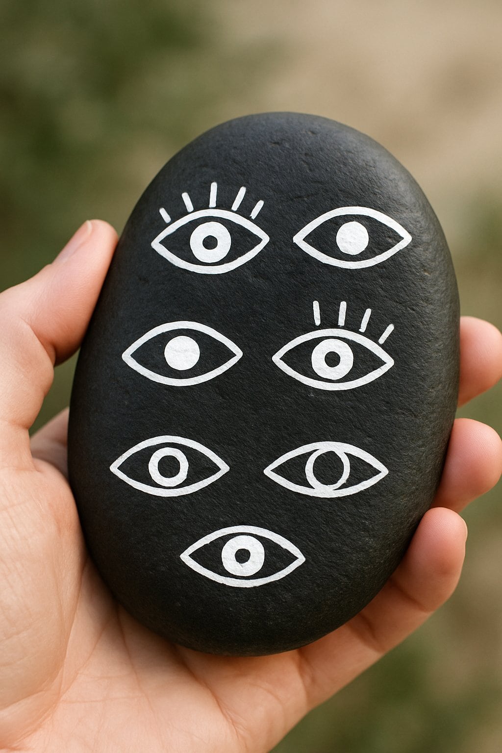 A hand holding a smooth black rock painted with white eye patterns.