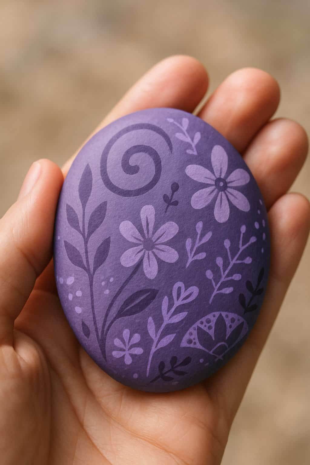 A hand holding a smooth purple painted rock with artistic designs.
