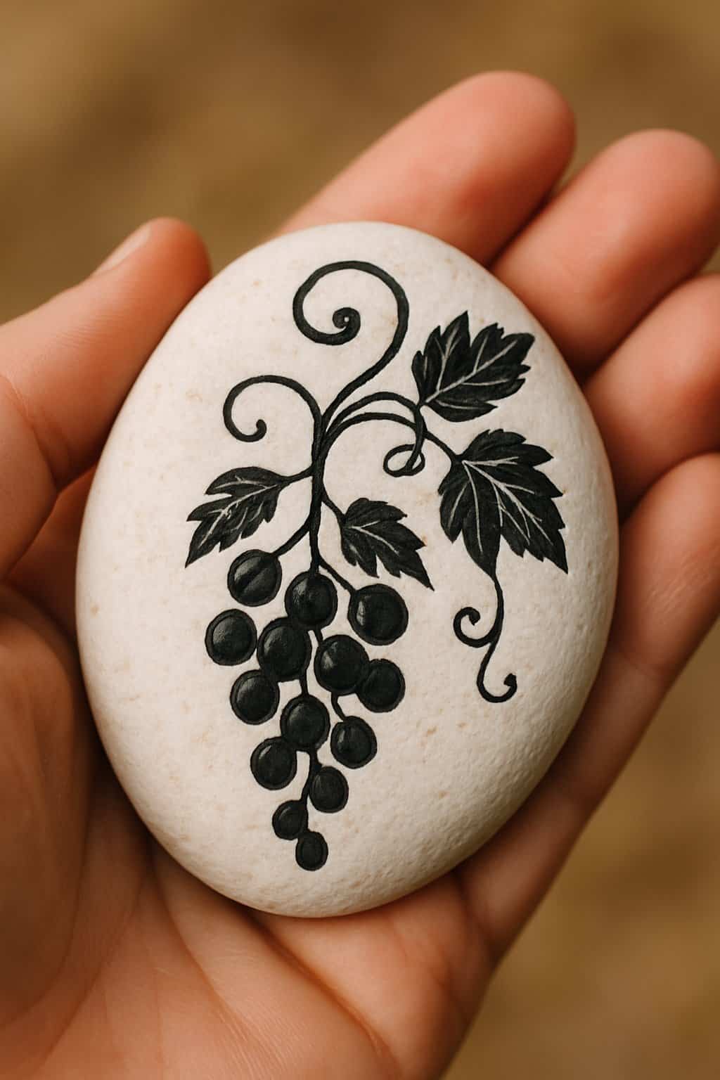 A hand holding a smooth white river rock painted with black grapevine designs.