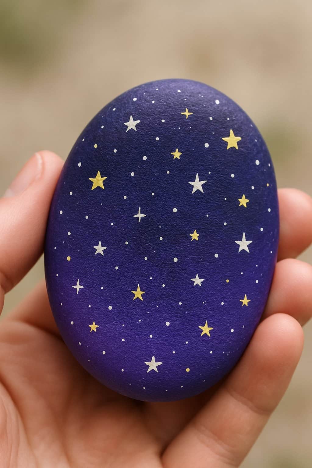 A hand holding a smooth purple painted rock decorated with stars.