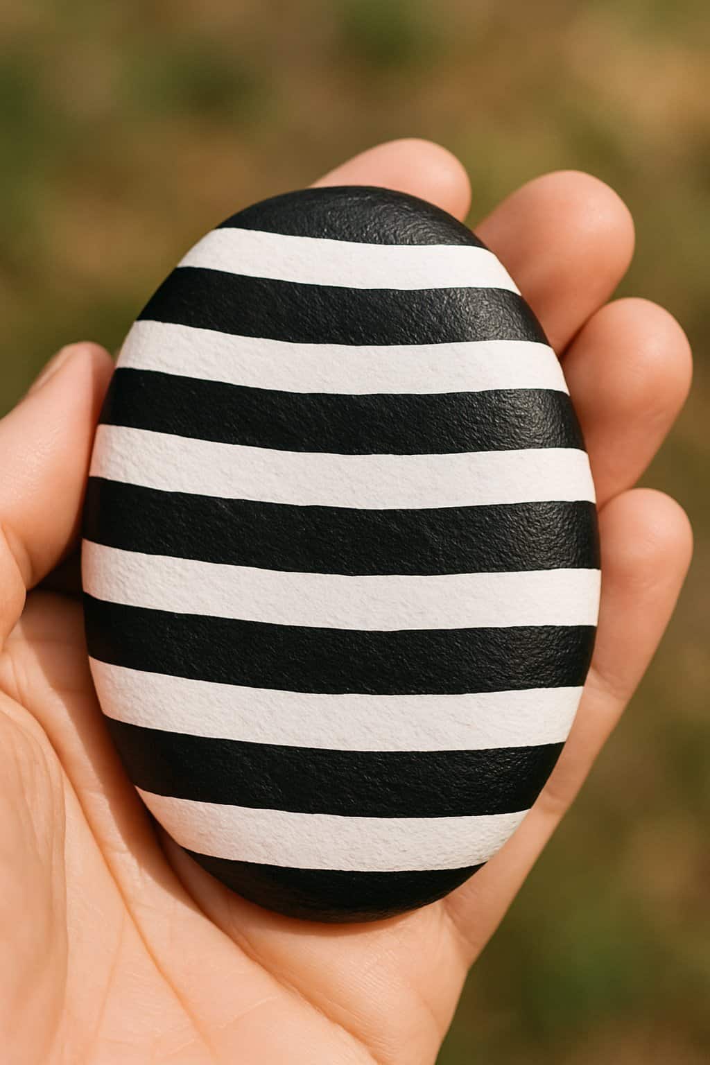 A hand holding a smooth river rock painted with black and white stripes of varying thickness.