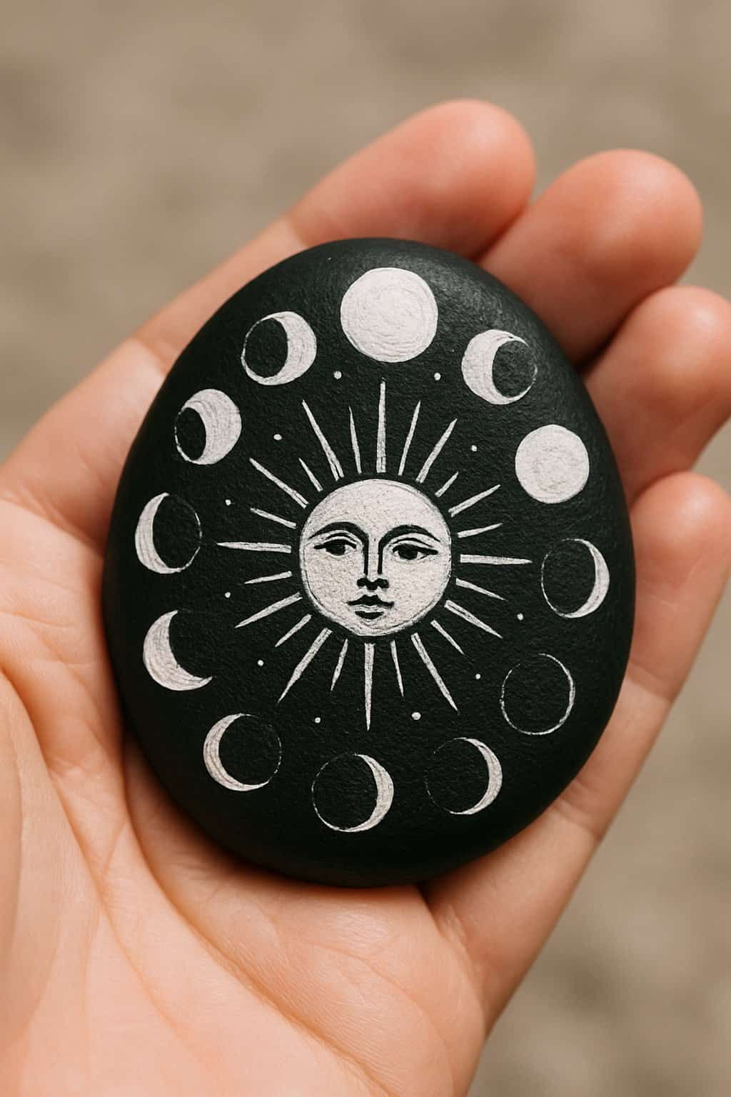 A hand holding a smooth black rock painted with white sun and moon phase designs.