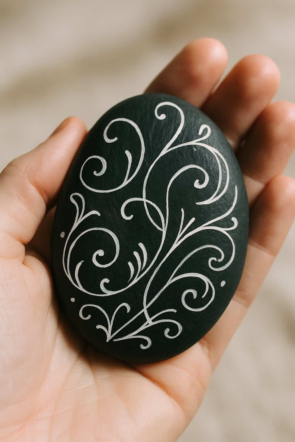 A hand holding a smooth black painted river rock with white decorative designs.