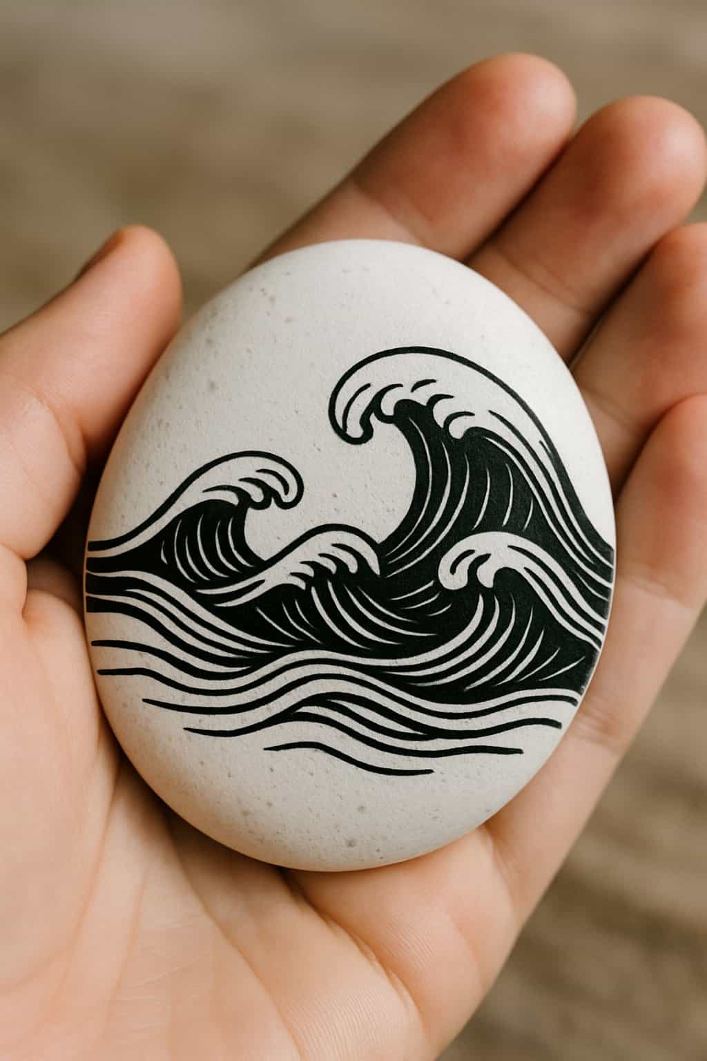 A hand holding a smooth white rock painted with black ocean wave designs.