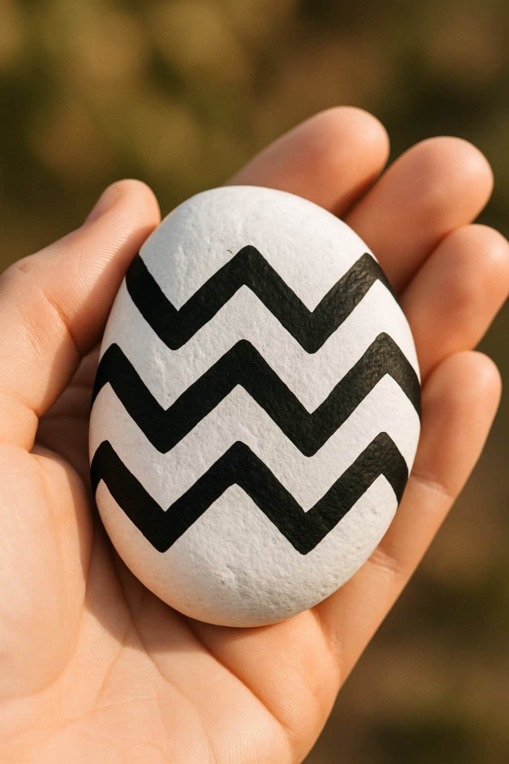 A hand holding a smooth white rock with black zigzag patterns painted on it.