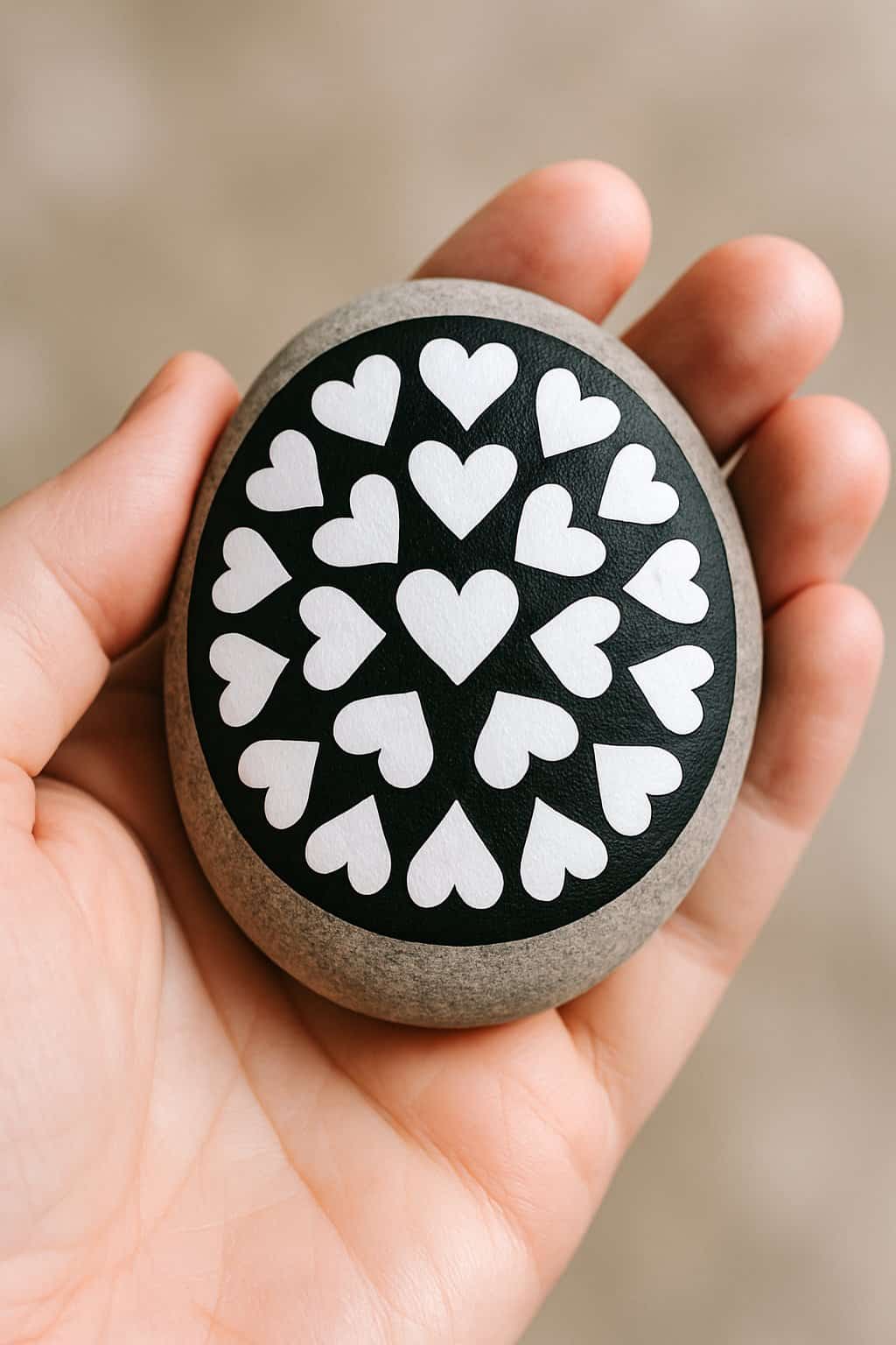 A hand holding a smooth river rock painted with black and white hearts in concentric rings.