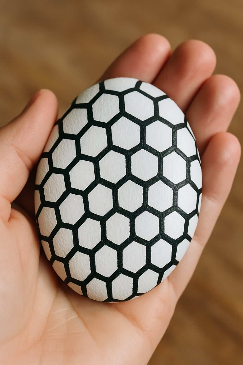 A hand holding a smooth white rock painted with black honeycomb patterns.