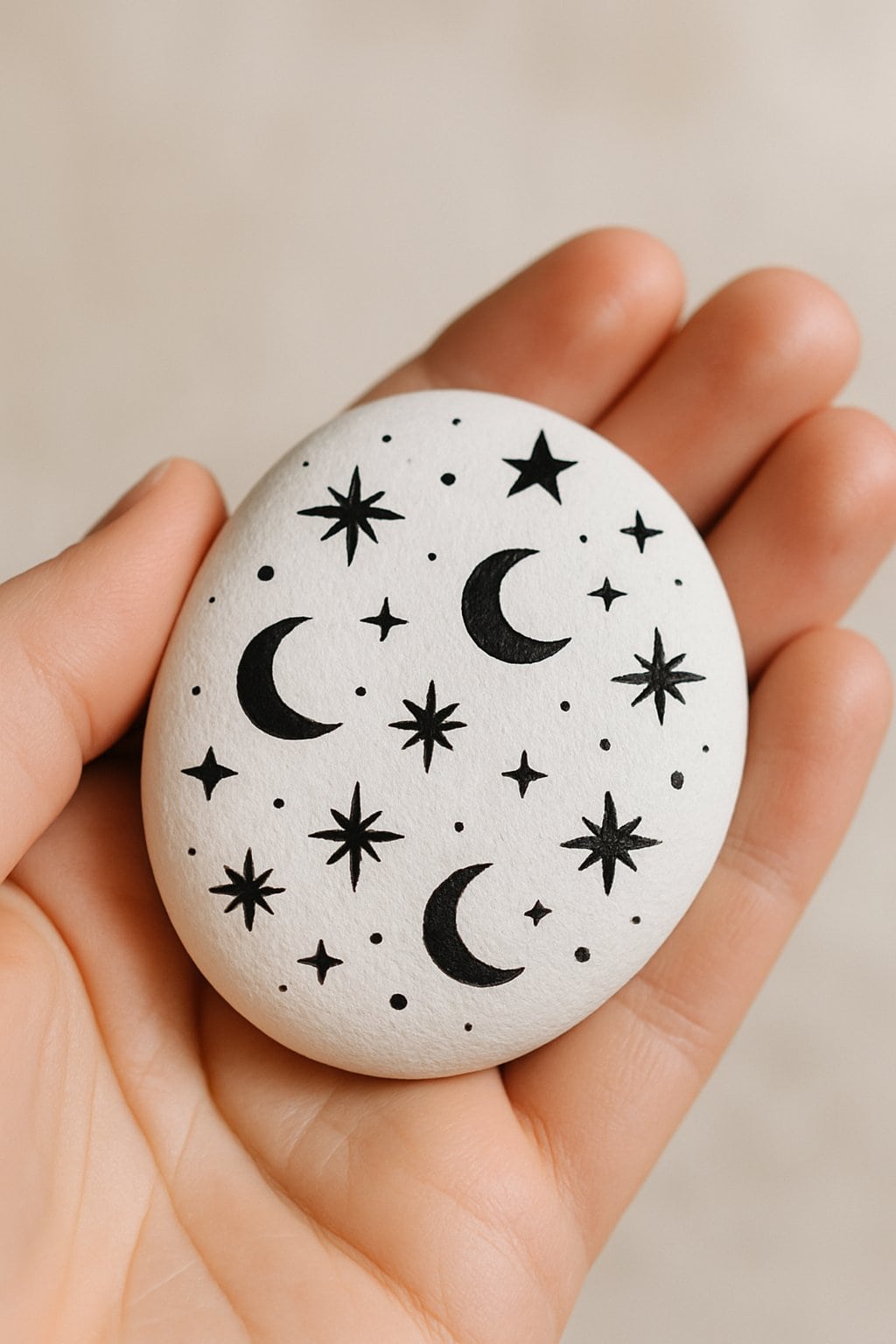 A hand holding a smooth white rock painted with black stars and moons.